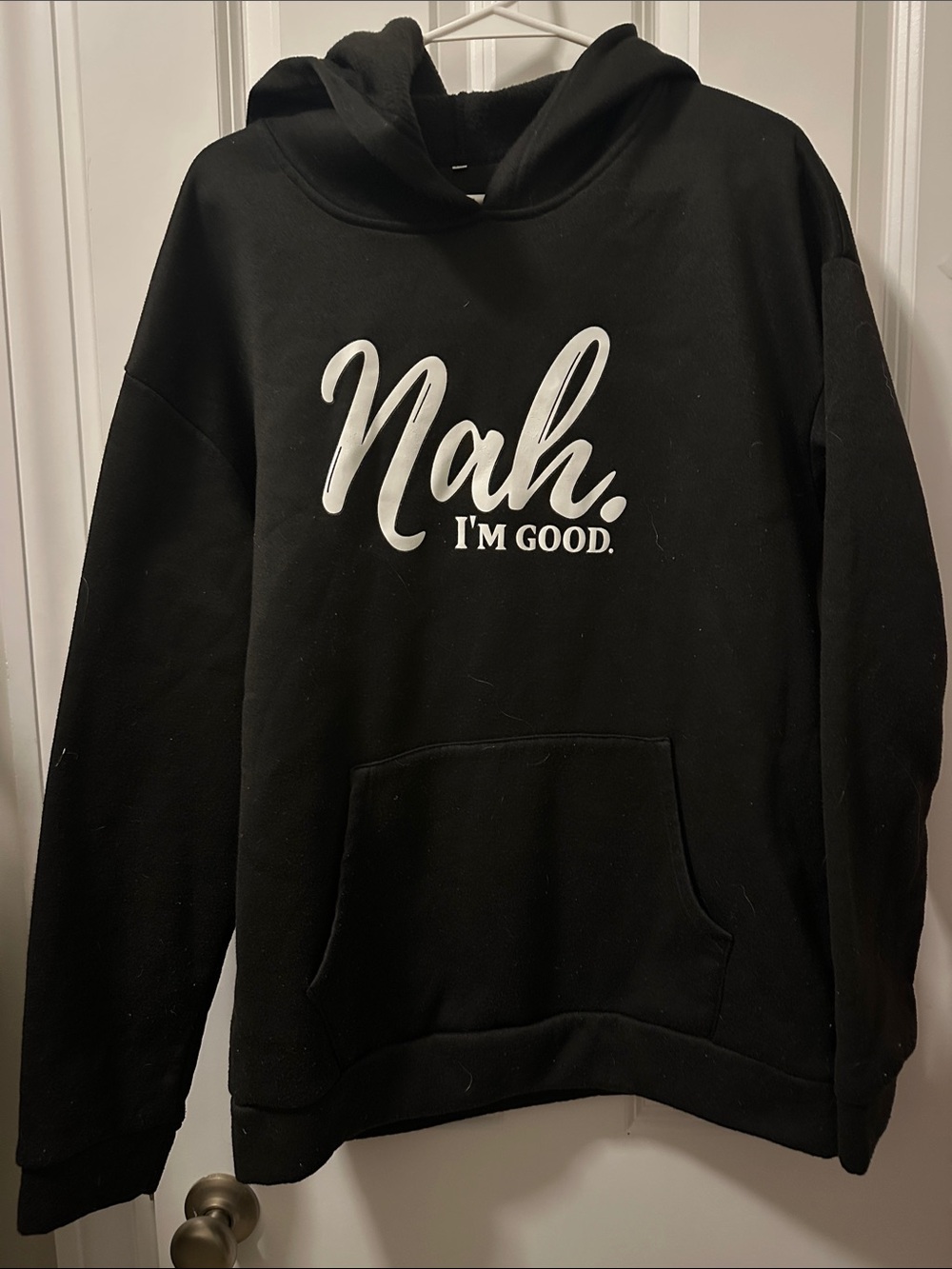 Black Crewneck Hoodie with "Nah, I'm Good." Graphic - Men's